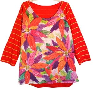 New Direction women's XL color-block print gold ribbon sleeve pullover top. 5023